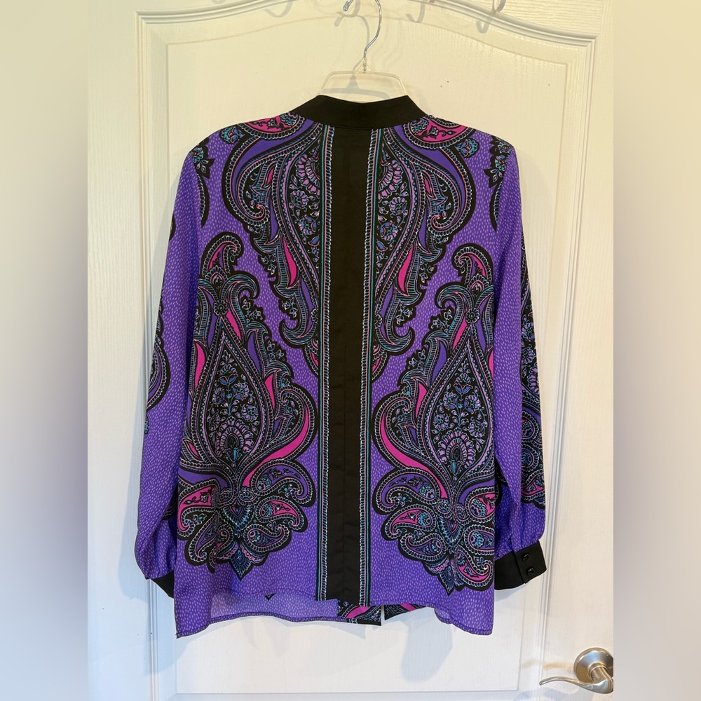 Bob Mackie Wearable Art Womens Purple Paisley Satin Long Sleeve Blouse large - Picture 7 of 7